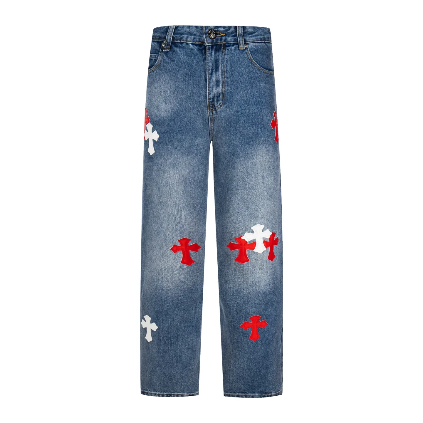 P260 Chrome Hearts Light Blue Pants Sanskrit Red and White Leather Jeans CH jeans need to be washed and then dismantled and hand-stitched with sheepskin cross leather and then spliced ​​together. The whole piece has too many craftsmanship to explain. The patchwork cross pattern is embellished, and the high-waisted washed jeans! ! Absolutely high-end luxury products, god-level single products and super popular products, made with top heavy industry, a must-see magic weapon. Customized hardware. The fabric is thick and soft after washing. It has good breathability. Customized small leather label. Unique design. The details are simple and elegant, and the workmanship is exquisite. The entire trousers are neatly routed and the details are in place! It’s so cool that both men and women can easily control the genderless trend! Style number: 1802# Color: blue Size: 28 30 32 34
